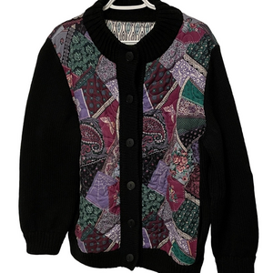 Vintage Handcrafted Knit Cardigan Sweater with Quilted Fabric Size XL